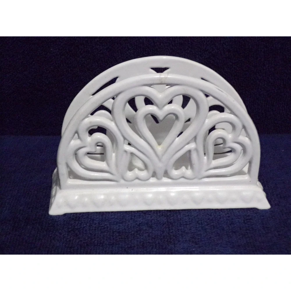Vintage Wht Metal Napkin‎ Holder Shabby Chic Cast Iron Letter Organizer Hearts